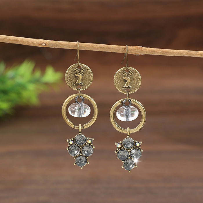 Wholesale Retro style geometric splicing long style antique alloy earrings carved deer head earrings