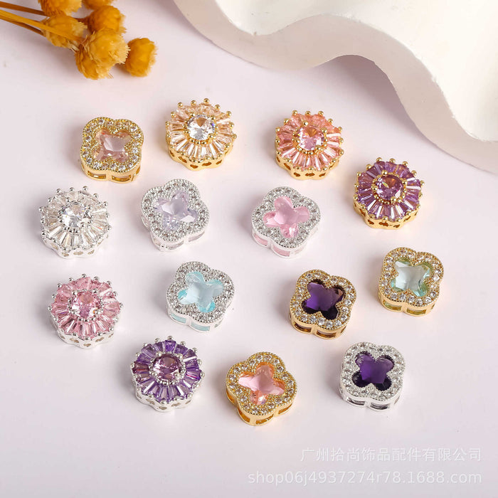 Wholesale 10pcs Micro inlaid zircon separated beads, four leaf clover round snowflake beads, porous scattered beads, DIY crystal bracelet string