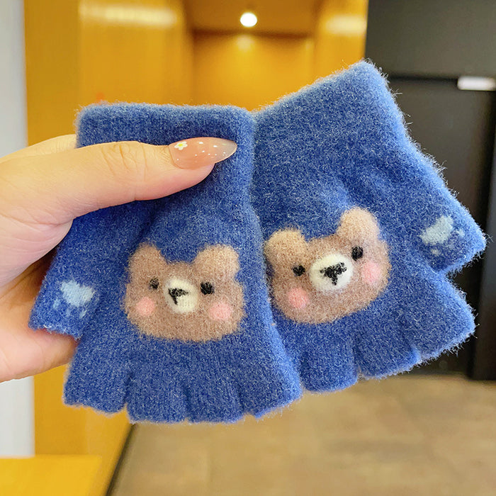 Wholesale Children' s Gloves Autumn and Winter Warm Cute Cartoon  Girls'  Half-Finger Flip Cover Baby Thickened Warm Five-Finger Set