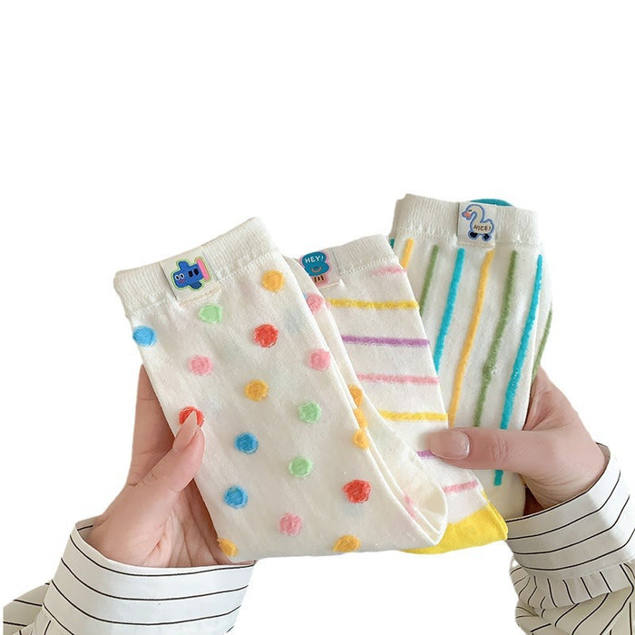 Wholesale Colorful fabric label socks, mid tube socks, polka dot striped sports and casual socks