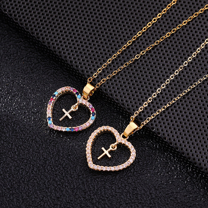 Wholesale  Jewelry Micro-inlaid Color Zircon Geometric Cross Pendant Heart-shaped Necklace