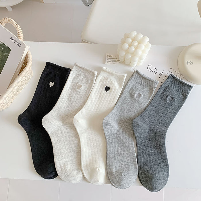 Wholesale New socks with rolled edges, stacked socks, cotton, heart-shaped embroidery, versatile