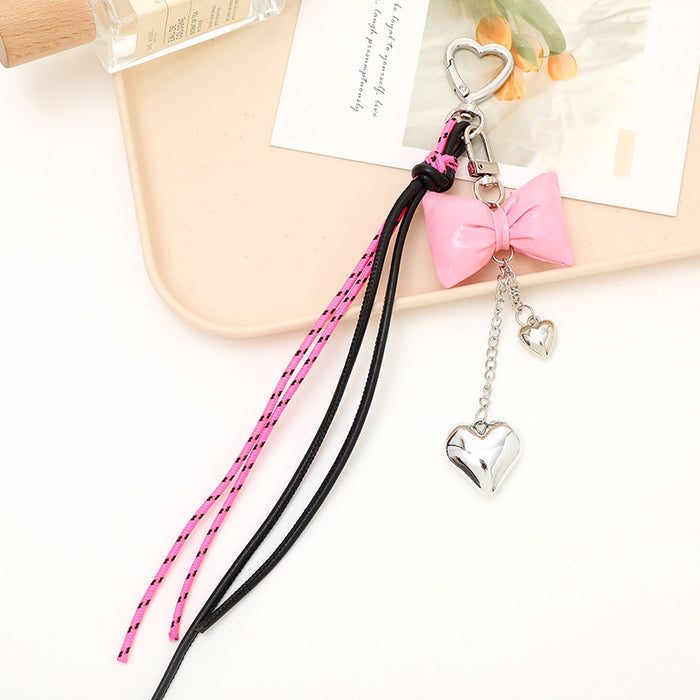 Wholesale Leather bow heart pendant luggage keychain lanyard accessories single buckle tassel pendant accessories