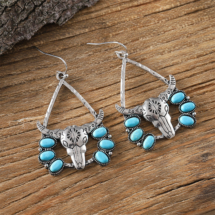 Wholesale Western style bull head tribal turquoise earrings exaggerated retro ethnic style earrings temperament earrings