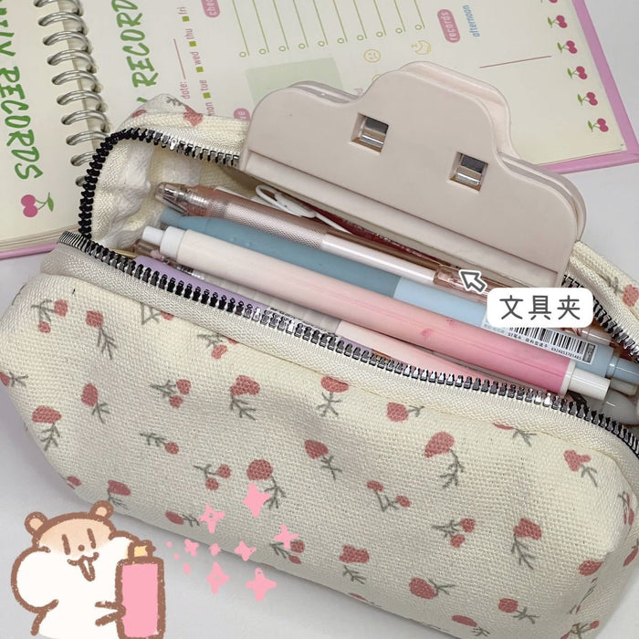 Wholesale Canvas Cream Floral Pencil Case Large Capacity Makeup Bag