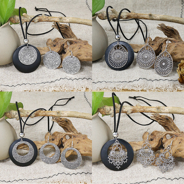 Wholesale Ethnic Geometric Antique Silver Alloy Earring Necklace Set - 4 Styles MOQ≥2