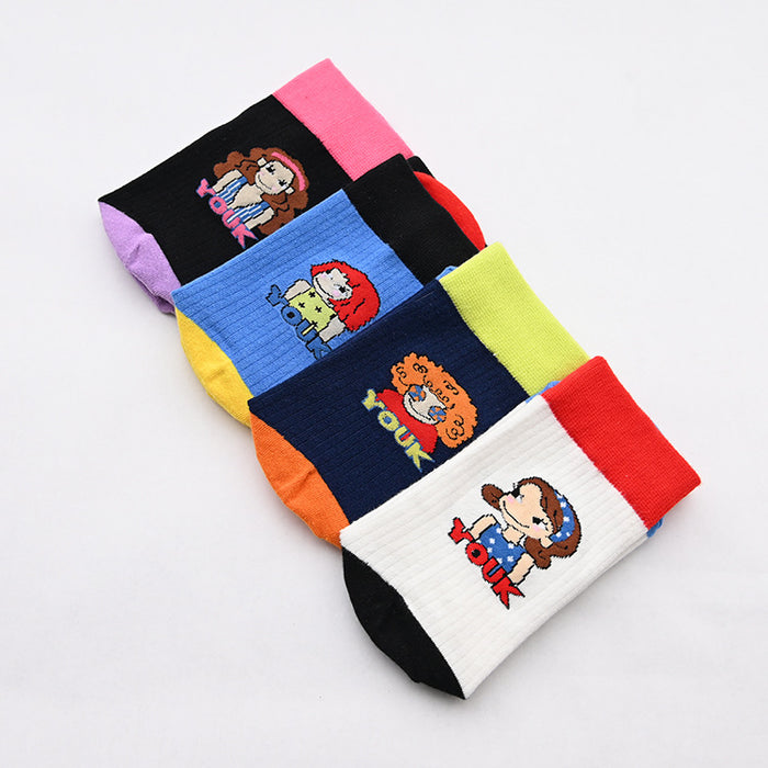 Wholesale New illustration women's socks, cotton socks, mid tube trendy socks, cartoon socks