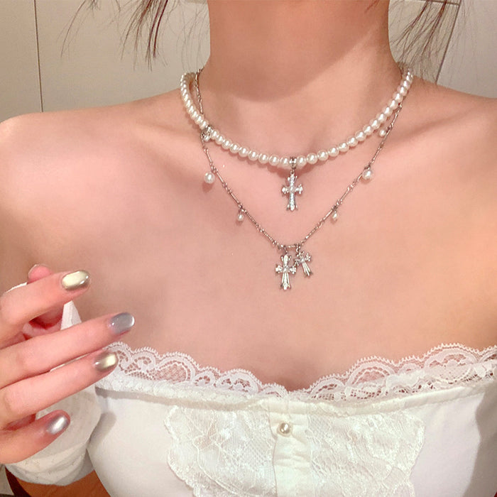 Wholesale Double layered diamond studded cross pearl necklace, niche personality, temperament, high-end feeling, collarbone chain
