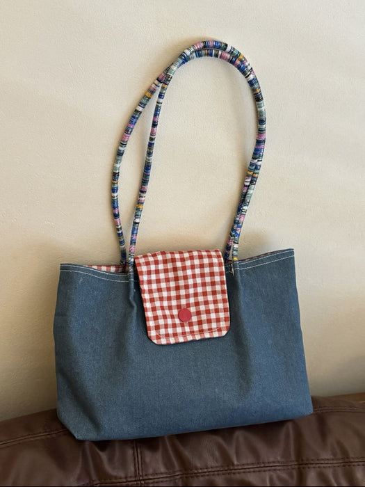 Wholesale Denim Portable Small Storage Bag Underarm Bag Black Plaid Shoulder Bag