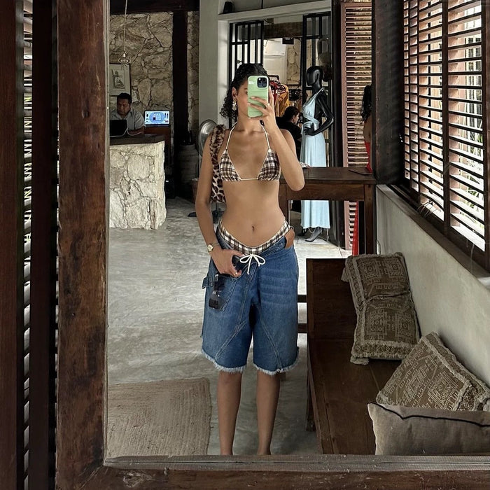 Wholesale Lace retro plaid bikini neck tie, low waist drawstring, hot spring swimsuit for women