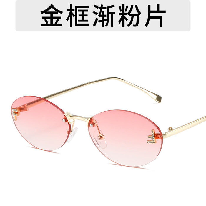 Wholesale Elliptical frame small frame sunglasses, new frameless cut edge personalized glasses, dot diamond sunglasses