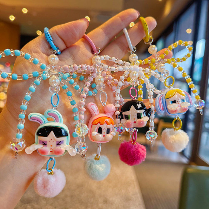 Wholesale Cute Cartoon Doll Bow Keychain Beaded Car Key Chain Fur Ball Backpack Pendant