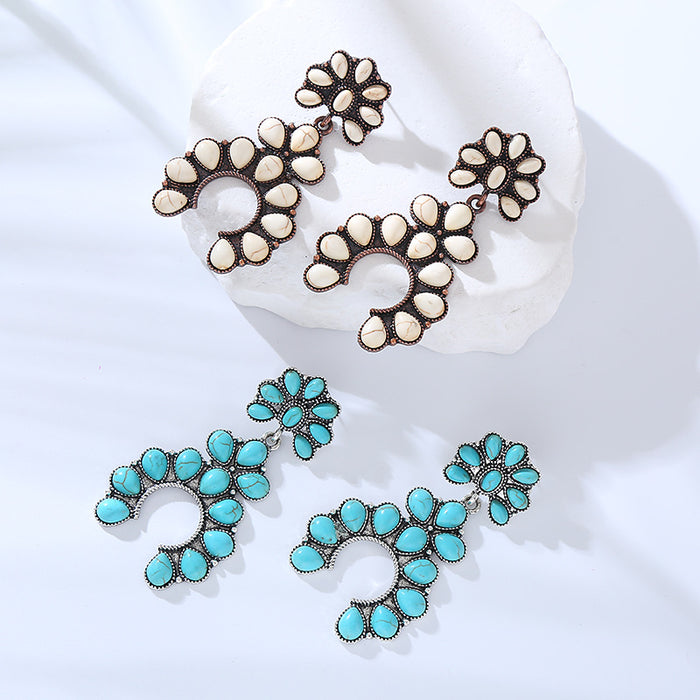Wholesale Retro fan-shaped turquoise openwork statement earrings