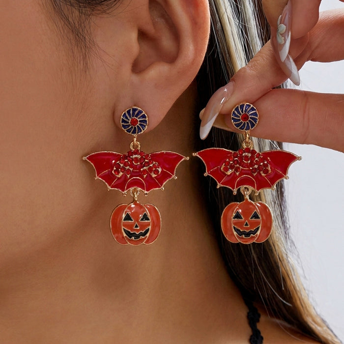 Wholesale Dark Drip Oil Rhinestone Earrings Skull Pumpkin Bat Design Alloy Party Wear