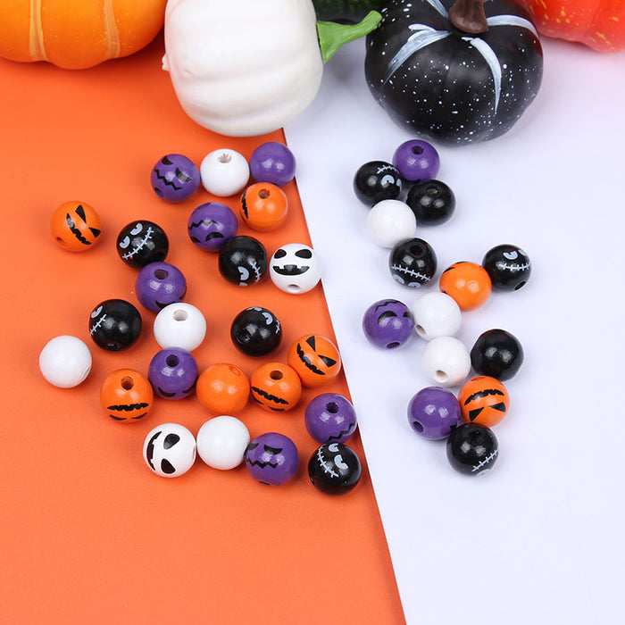 Wholesale 50pcs Halloween Single-sided Printing 16mm Colored Wooden Beads Pumpkin Ghost Face Wooden Beads JDC-BDS-TianYue001