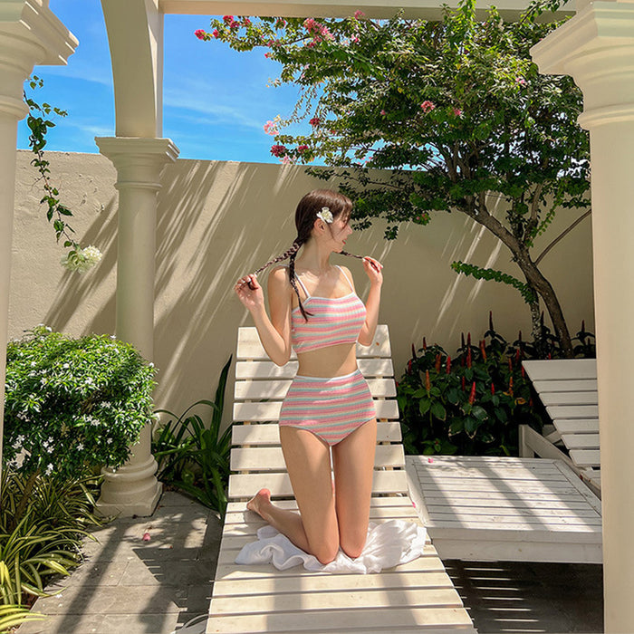 Wholesale Swimsuit rainbow striped split skirt bikini sexy backless slimming swimsuit