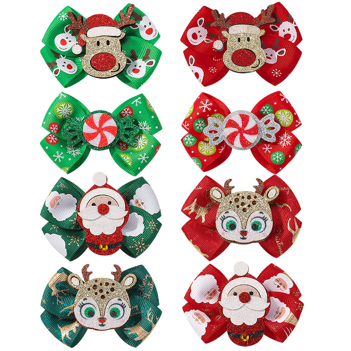 Wholesale Polyester Children's Printed Glitter Bow Christmas Elk Hairpin JDC-HC-Xiane012