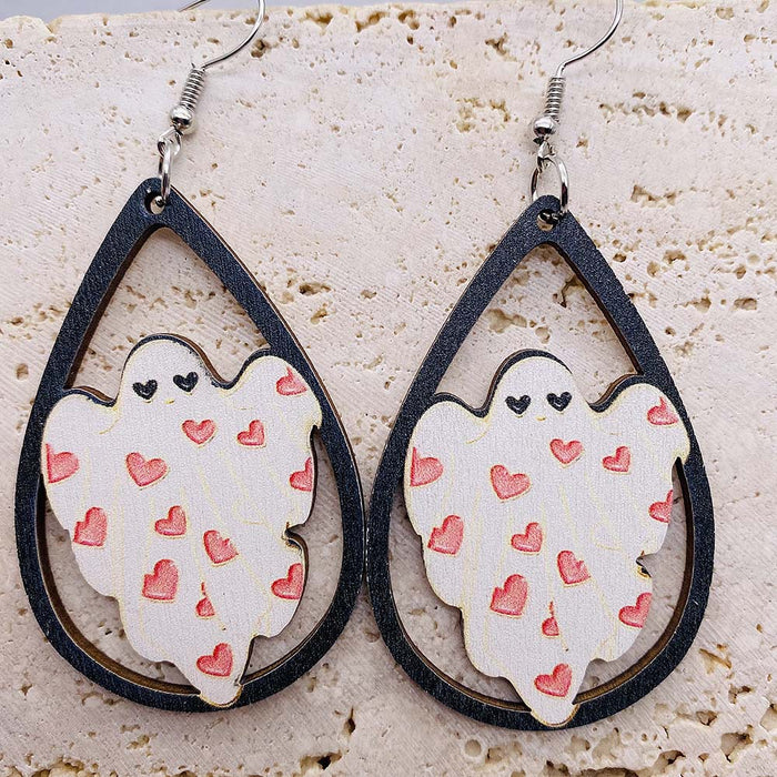 Wholesale Wooden earrings with ghost pumpkin print pendant earrings,  new  wooden earrings