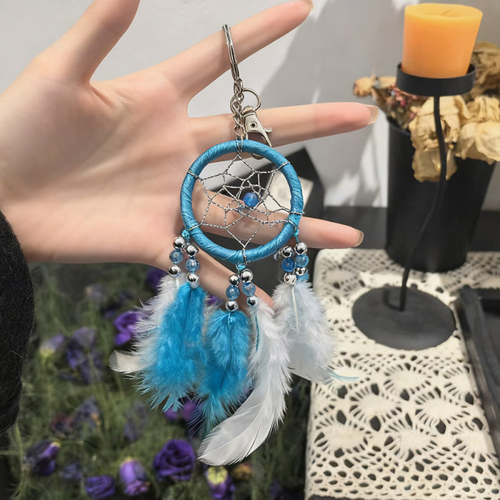 Wholesale Handmade Red Feather Dreamcatcher Keychain Nordic Style Couple Gift