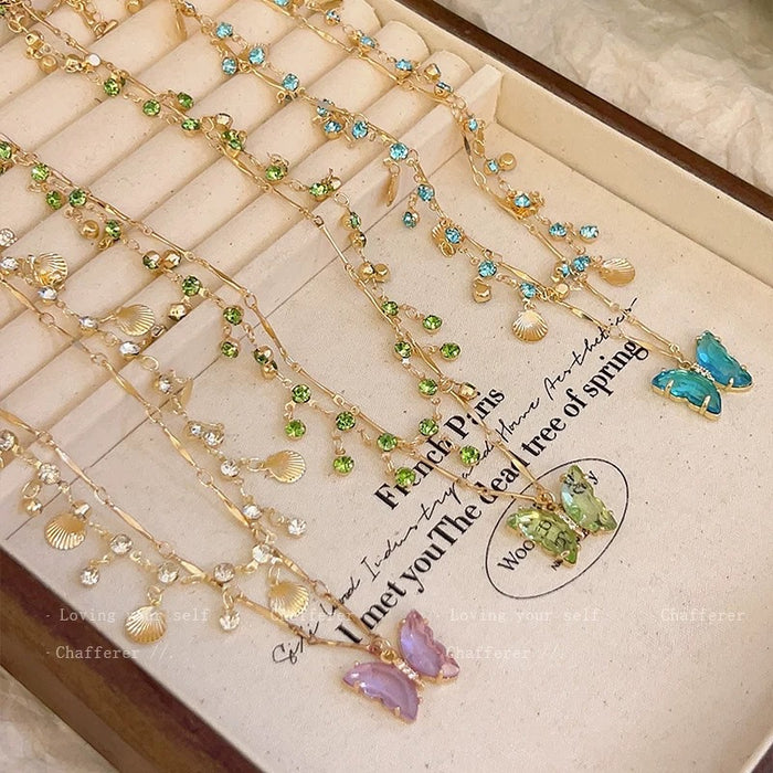 Wholesale Butterfly Double Layer Tassel Choker Necklace Metal Crystal Summer Chic Jewelry MOQ≥2