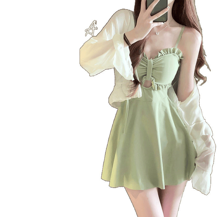 Wholesale New one-piece conservative skirt style avocado green high-end and sexy hot spring swimsuit