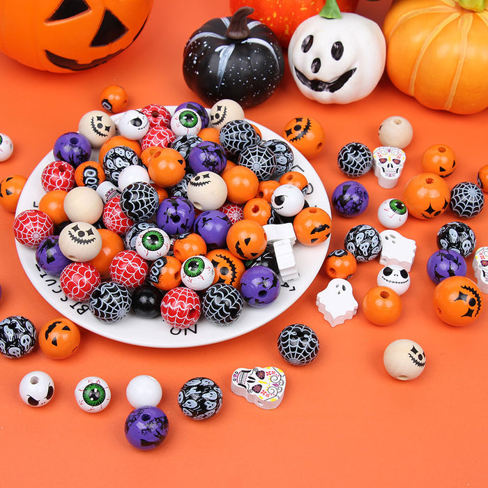 Wholesale 50PCS Halloween Colorful Witch Pumpkin Ghost Face Wooden Beads JDC-BDS-TianYue023