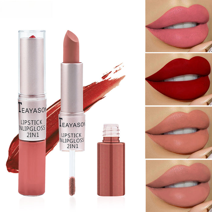 Wholesale Double headed non stick cup matte matte matte lip gloss 2-in-1 matte bean paste non fading cup lipstick
