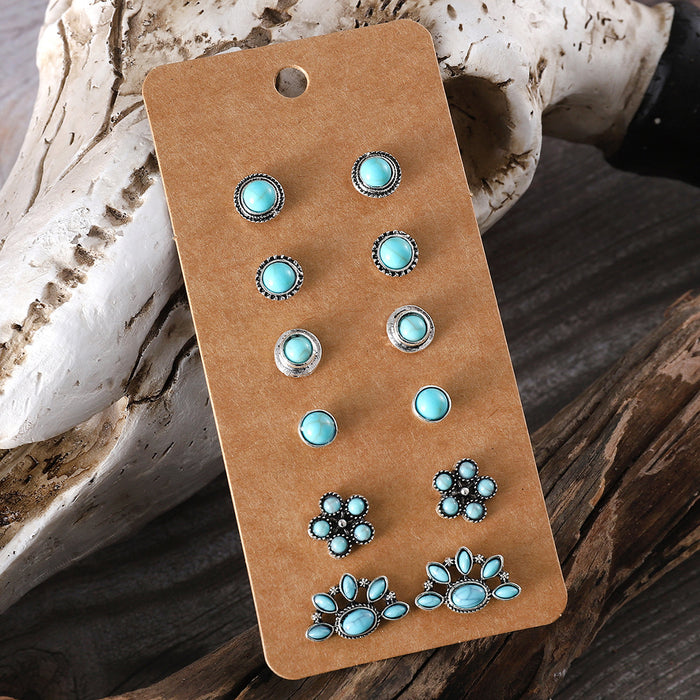 Wholesale cute sweet turquoise earrings suit fashion round bead flower cat claw ear jewelry