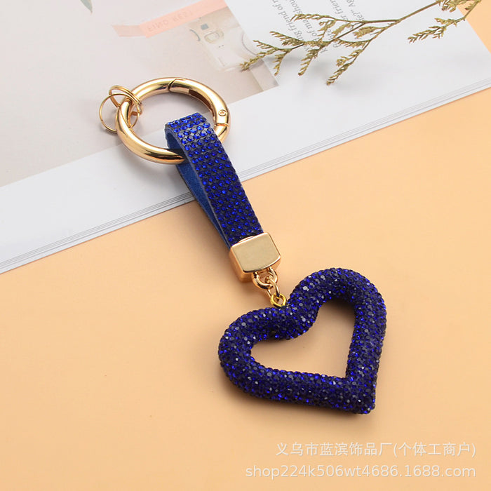 Wholesale Full rhinestone heart keychain with diamond cord hollow heart car pendant