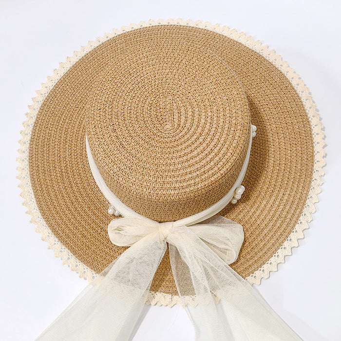Wholesale Seaside big edge sun hat, beach grass hat, wavy edge pearl bow sun hat
