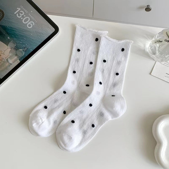 Wholesale Socks, thin, mid length, new mesh breathable, polka dot, rolled edge, stacked socks