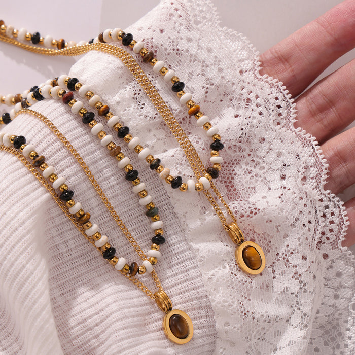 Wholesale Natural Stone Beaded Design Necklace Tiger Eye Pendant Double Layer  Chain