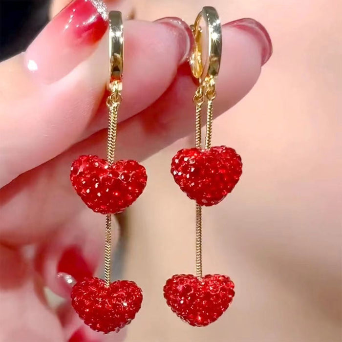 Wholesale Fashionable red heart-shaped long earrings with high-end, simple, versatile and exquisite full diamond earrings