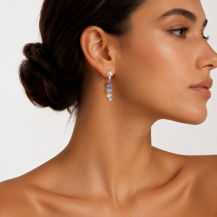Wholesale Vintage Blue Diamond Pearl Long Earrings Silver Tassel Leaf Design Fairy Party Jewelry Accessory