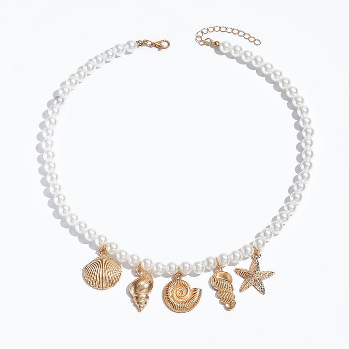 Wholesale Alloy Shell Starfish Conch Pendant Necklace Accessible Pearl Jewelry Necklace
