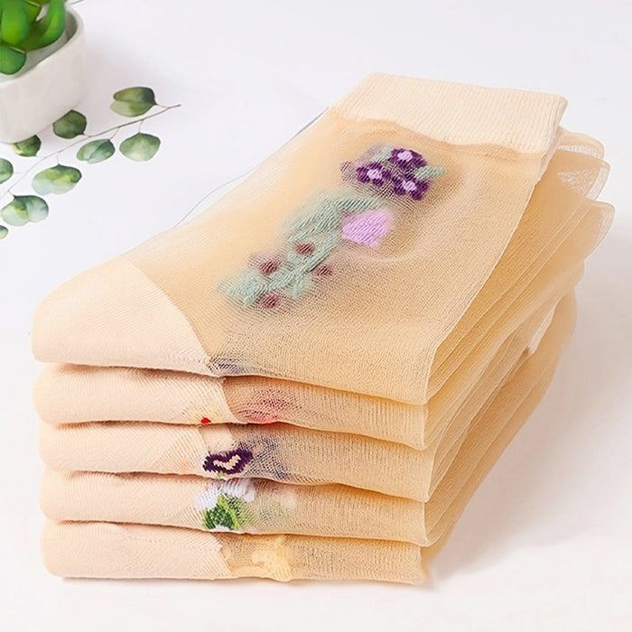 Wholesale mid-calf Crystal meat stockings spring and summer thin embroidered glass Silk women' s socks non-slip socks