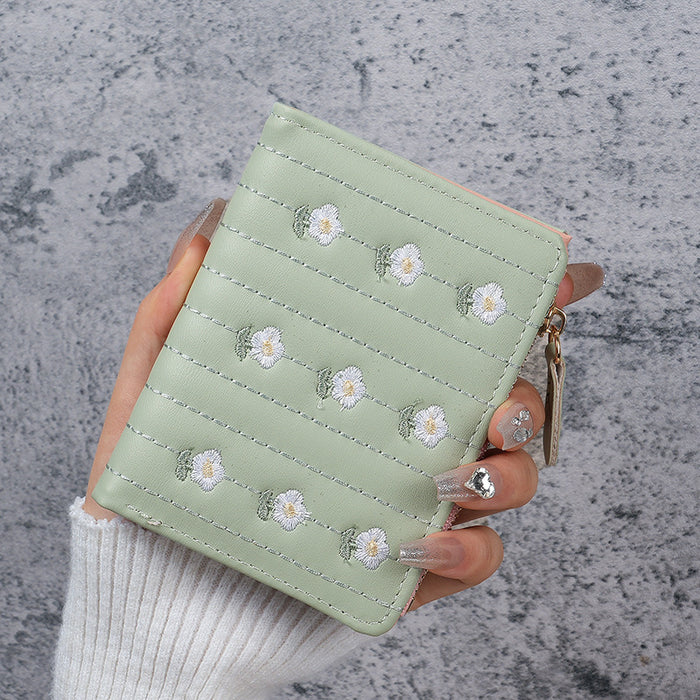 Wholesale Embroidered PVC Women' s Wallet Trendy Short Two-Fold Card Coin Purse