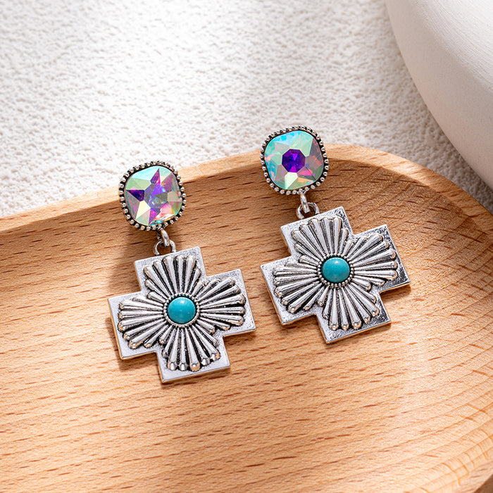 Wholesale Retro ethnic turquoise flower earrings