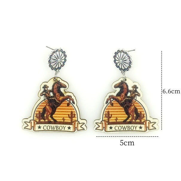 Wholesale Western Cowboy Style Wooden Printed Earrings JDC-ES-Yinxue003