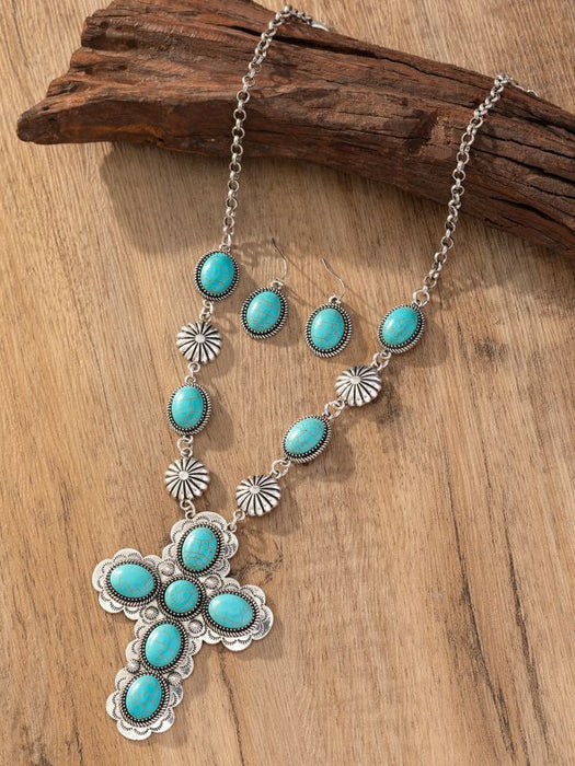 Wholesale Vintage Western Cross Turquoise Jewelry Set Alloy Necklace Earrings