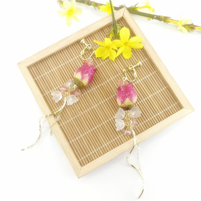 Wholesale New Eternal Flower Rose Earrings Vintage Super Fairy Long Versatile True Flower Earrings Eardrops Earclips