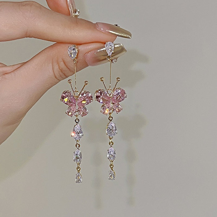 Wholesale Romantic and sweet zircon butterfly tassel earrings with diamond inlay, new niche design, exquisite and versatile ear accessories