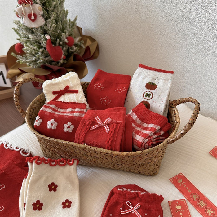 Wholesale Red Socks Children's Middle Socks Flower Bow Pile Cotton Socks