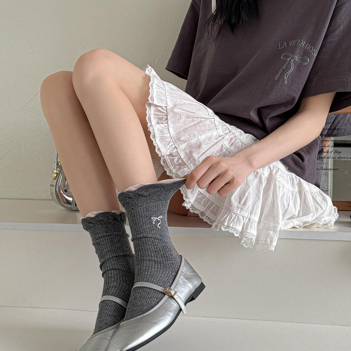 Wholesale Socks, thin, mid tube, antibacterial, hollowed out, butterfly knot embroidered, versatile socks