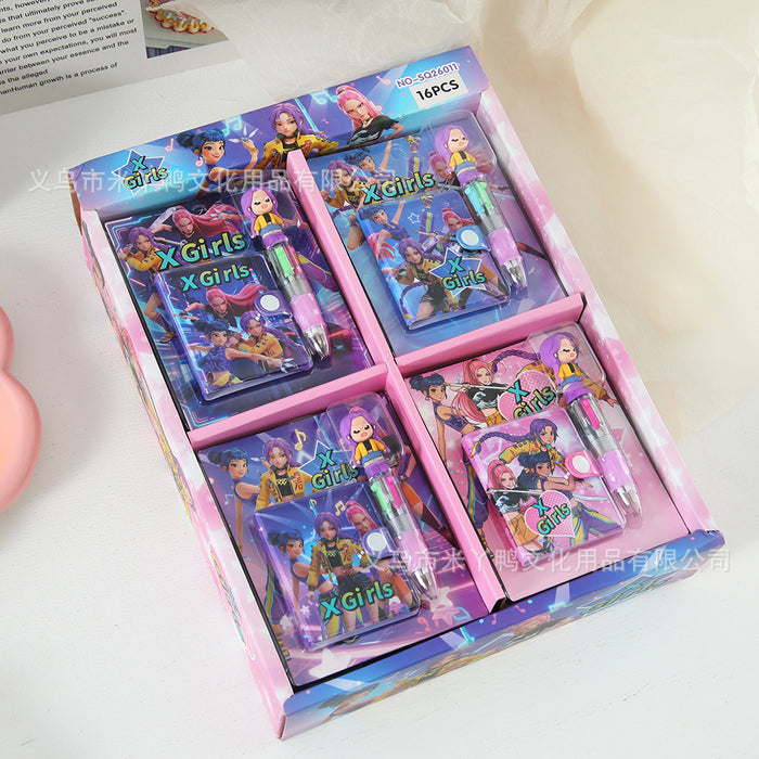 Wholesale Themed Cute PU Cover Snap Notebook With Four Color Pen Set Student Diary Journal