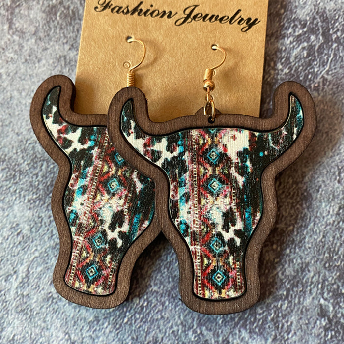 Wholesale Western Style Bull Head Wood Earrings JDC-ES-XinChuan001