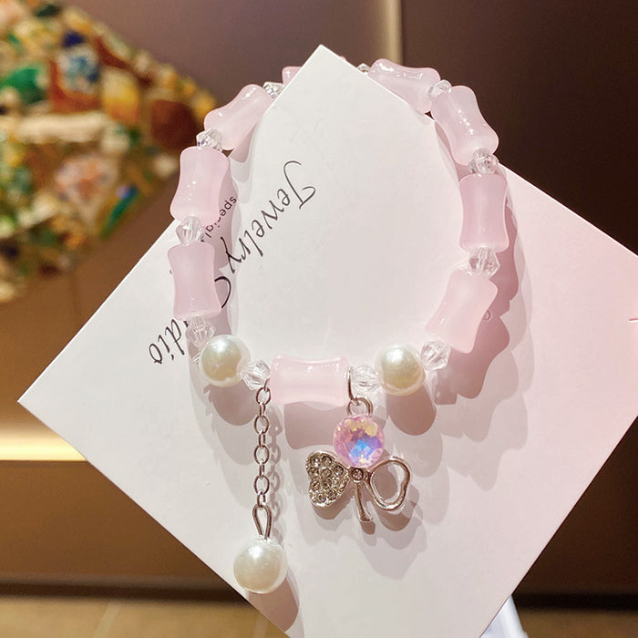 Wholesale Hand Beaded Powder Pink Bamboo Four Leaf Clover Bracelet MOQ≥2