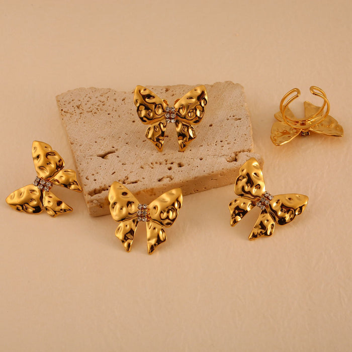 Wholesale Popular and versatile stainless steel butterfly patterned zircon earrings with light luxury and high-end feel, earring ring set