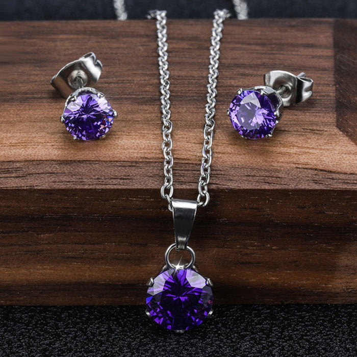 Wholesale Popular multi-color zircon stainless steel necklace, violet gemstone titanium steel necklace, fashionable pendant set