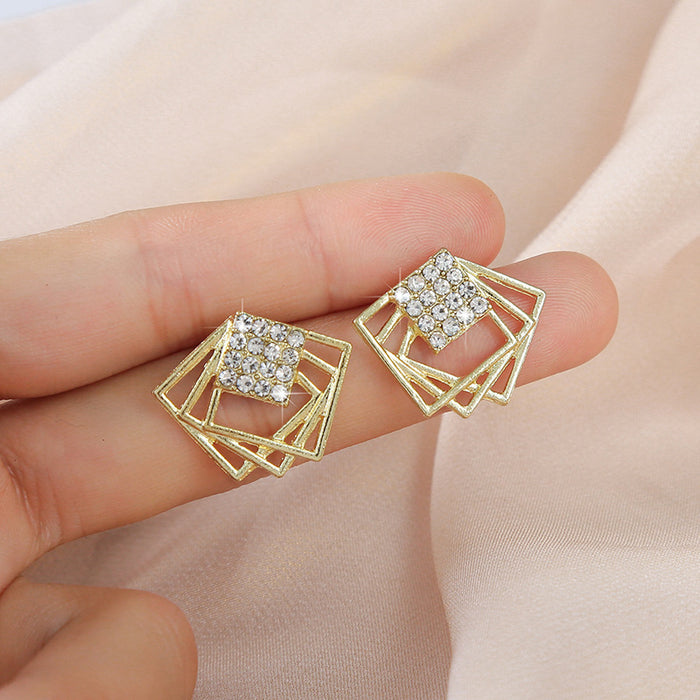 Wholesale Geometric block studded diamond earrings, simple, fashionable, personalized, versatile earrings and accessories